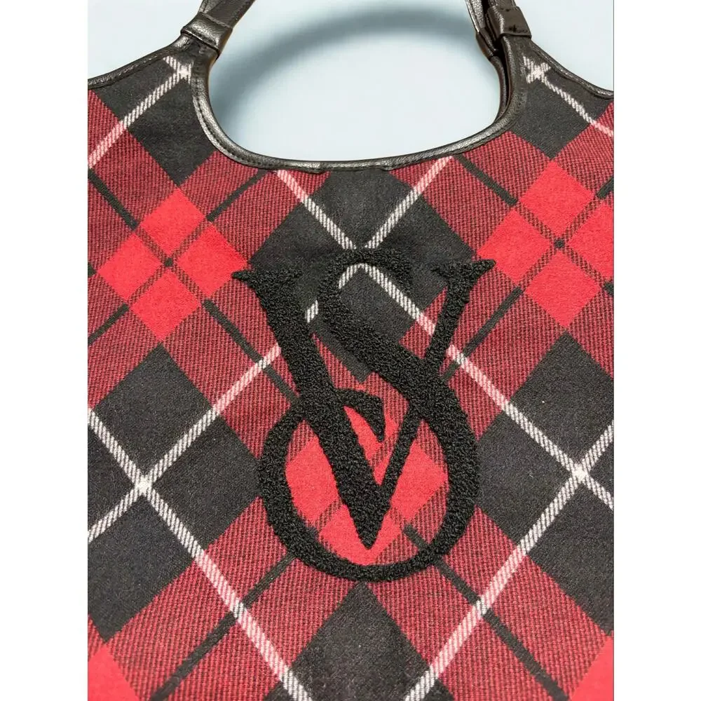 Victoria’s Secret Red Tartan Plaid Black Faux Leather Handle Tote Bag